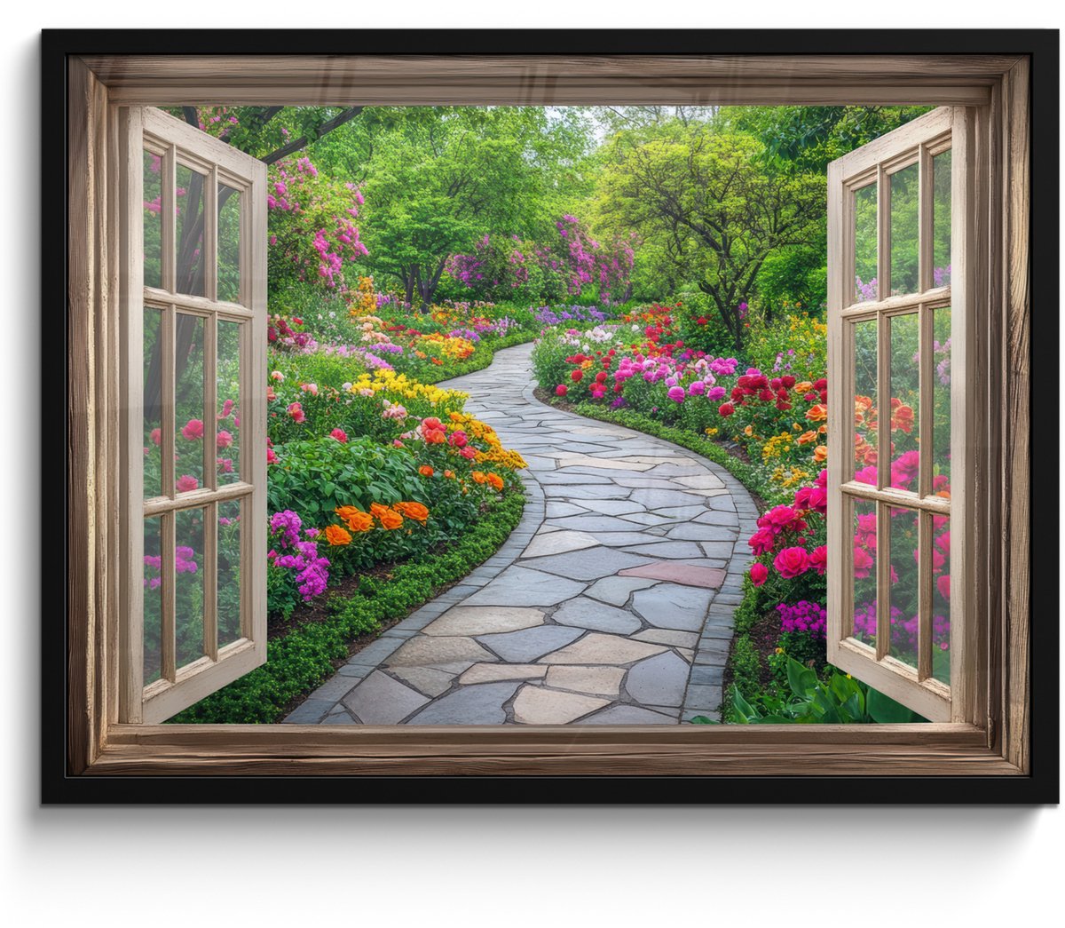 FrameYourWall Poster in lijst - Fotolijst 70x50 cm - Posters - Doorkijk - Bloemen - Tuinpad - Natuur - Raam - Posterlijst zwart - Decoratie - Wanddecoratie woonkamer - Muurdecoratie slaapkamer
