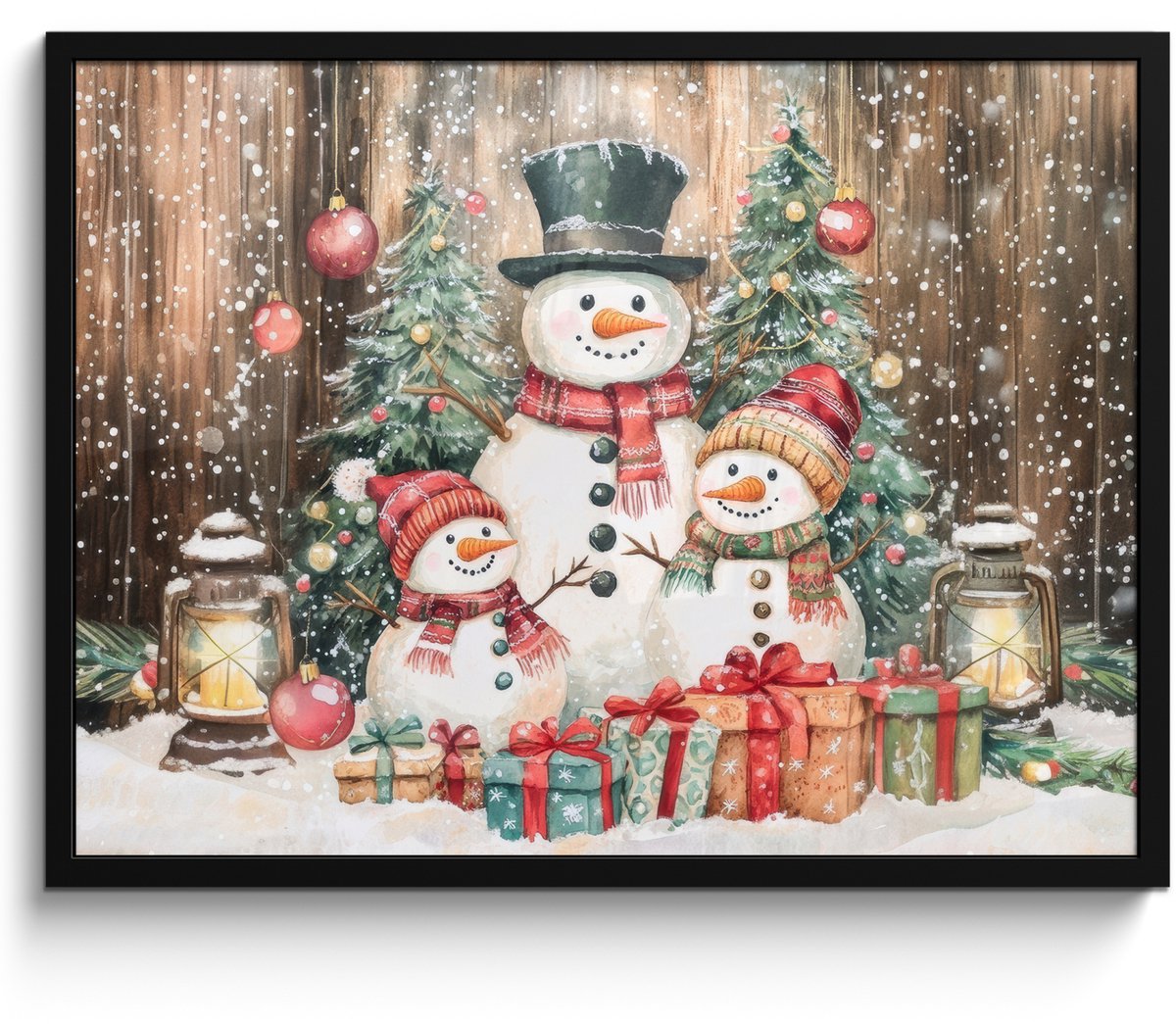 FrameYourWall Poster in lijst - Fotolijst 70x50 cm - Posters - Sneeuwpop - Familie - Kleurrijk - Posterlijst zwart - Decoratie - Wanddecoratie woonkamer - Muurdecoratie slaapkamer