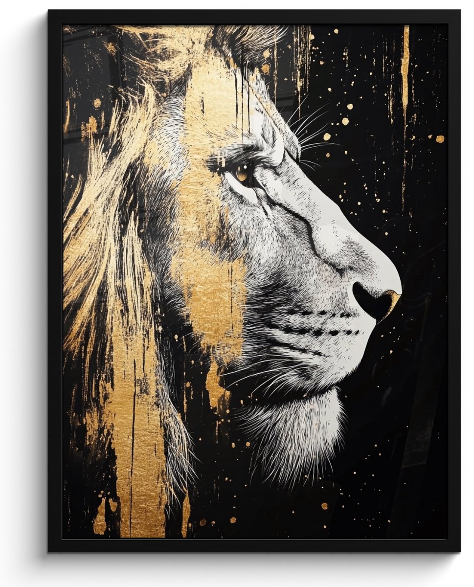 FrameYourWall Poster in lijst - Fotolijst 50x70 cm - Posters - Portret - Leeuw - Abstract - Goud - Posterlijst zwart - Decoratie - Wanddecoratie woonkamer - Muurdecoratie slaapkamer