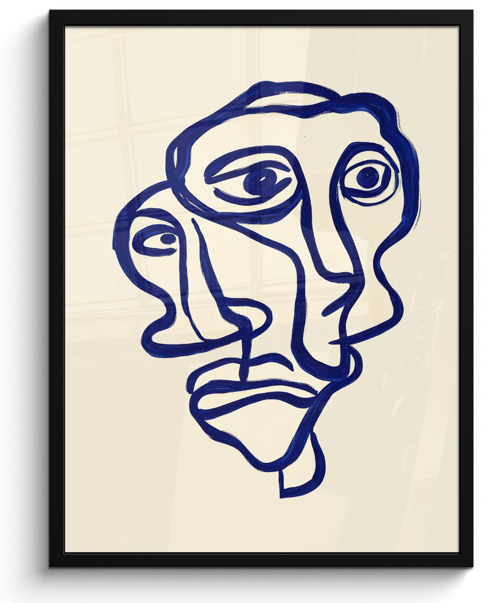 FrameYourWall Poster in lijst - Fotolijst 50x70 cm - Posters - Lijntekening - Overlappende gezichten - Donkerblauw - Posterlijst zwart - Decoratie - Wanddecoratie woonkamer - Muurdecoratie slaapkamer Overlappend - Gezichten