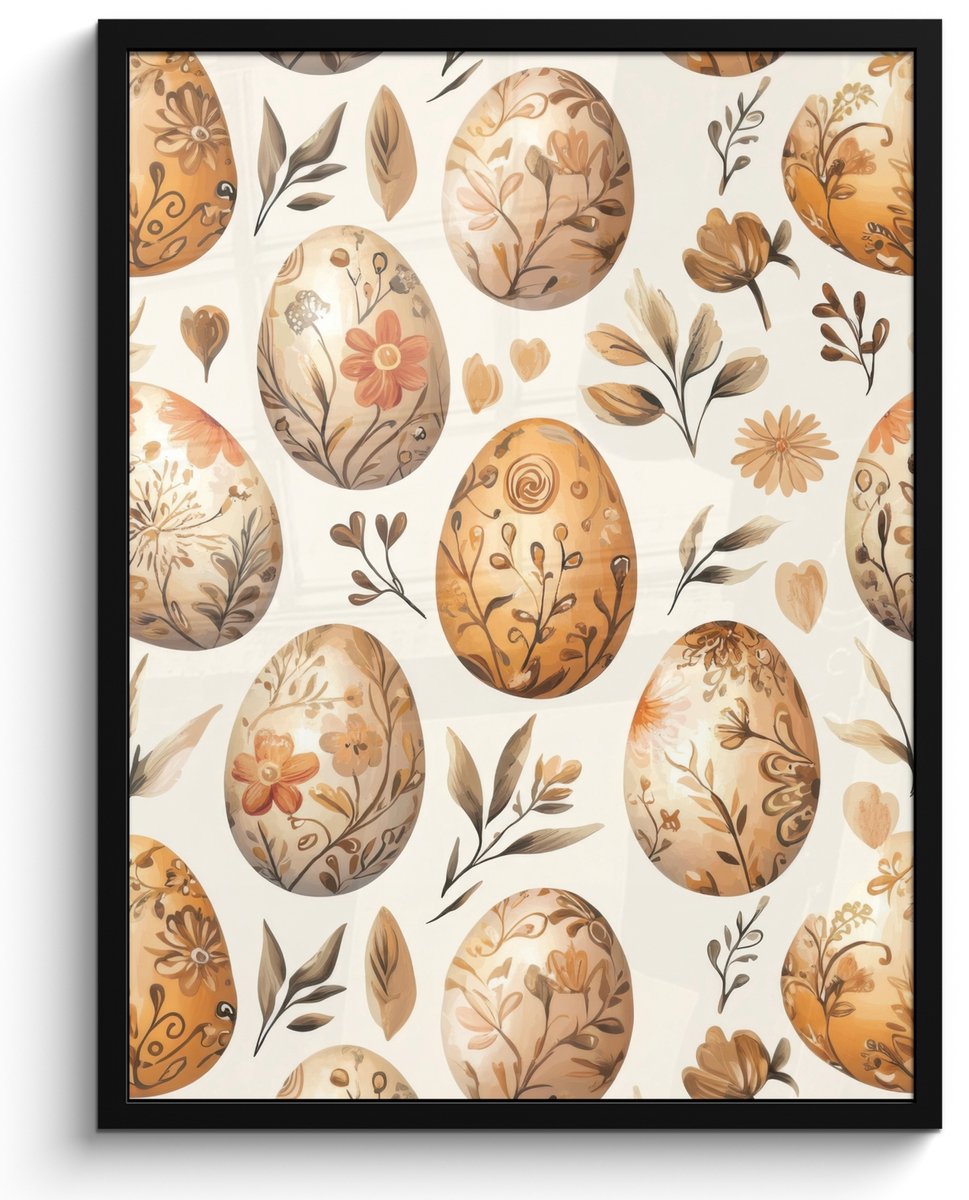 FrameYourWall Poster in lijst - Fotolijst 50x70 cm - Posters - Paaseieren - Bruin - Bloemen - Posterlijst zwart - Decoratie - Wanddecoratie woonkamer - Muurdecoratie slaapkamer Pasen
