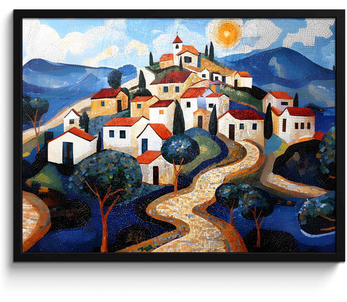 FrameYourWall Poster in lijst - Fotolijst 70x50 cm - Posters - Dorp - Heuvelachtig - Zon - Mozaïek - Posterlijst zwart - Decoratie - Wanddecoratie woonkamer - Muurdecoratie slaapkamer Dorp - Heuvel - Zon