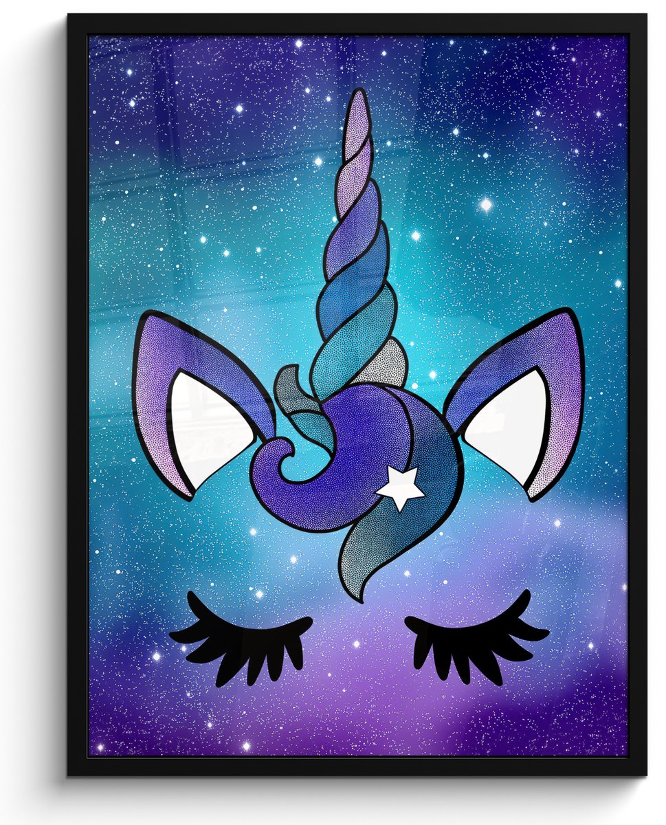 FrameYourWall Poster in lijst - Fotolijst 50x70 cm - Posters - Eenhoorn - Sterrenhemel - Ster - Blauw - Posterlijst zwart - Decoratie - Wanddecoratie woonkamer - Muurdecoratie slaapkamer