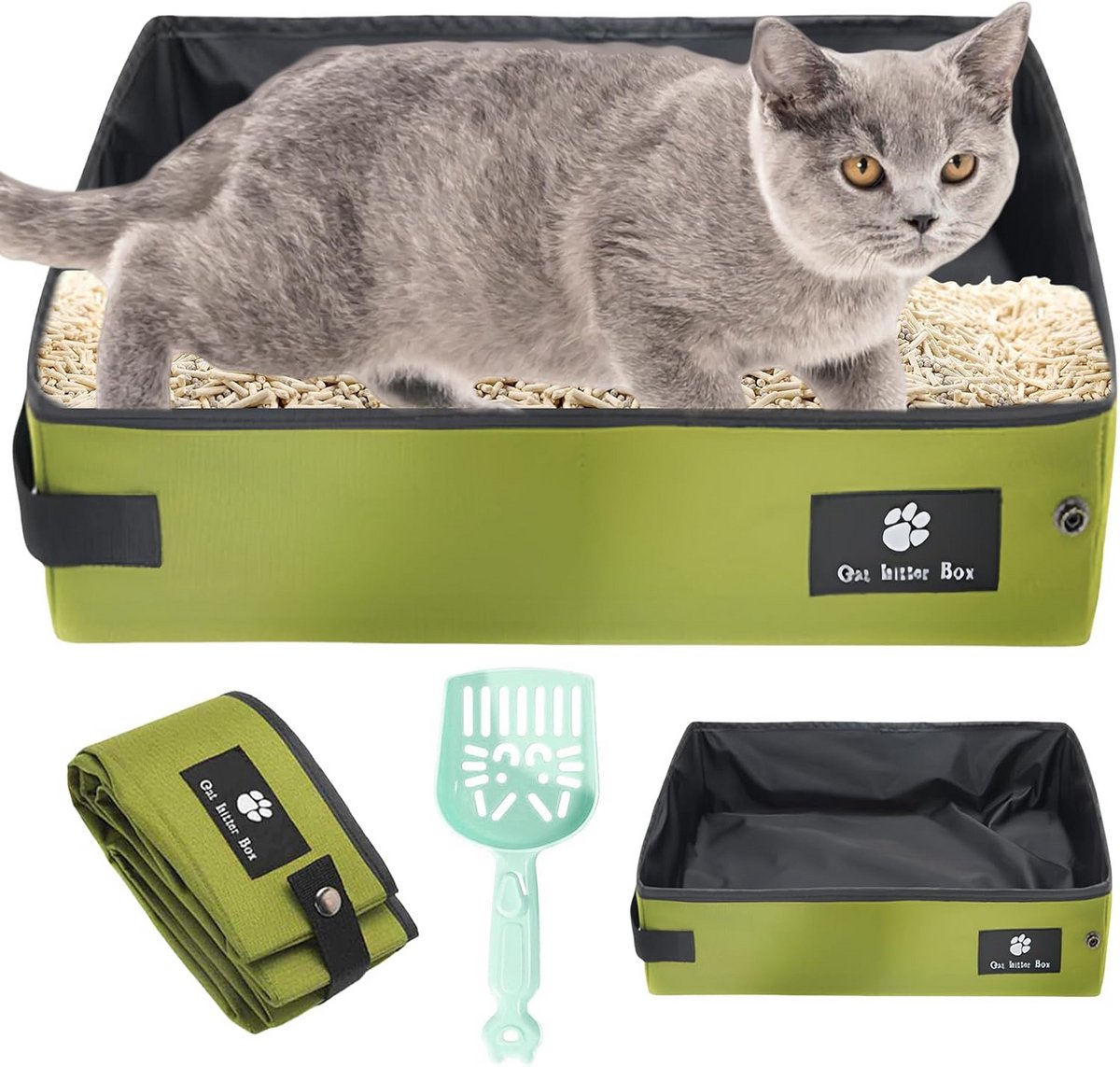 Opvouwbare Kattenbak - Draagbare Reiskatbak - Reizen met Katten - Waterdichte Voering - 45 x 35 x 12.5 cm - Groen