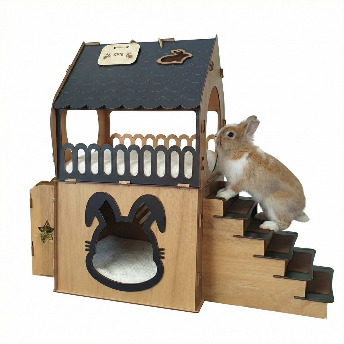 Jungengel Konijnenhuis XL - 2 Verdiepingen - 66x68x35 cm - Hout - Indoor Konijnenhok met Trap & Hooiruif - Cavia Huisje - Meerschweinchenhok - Montage zonder Gereedschap