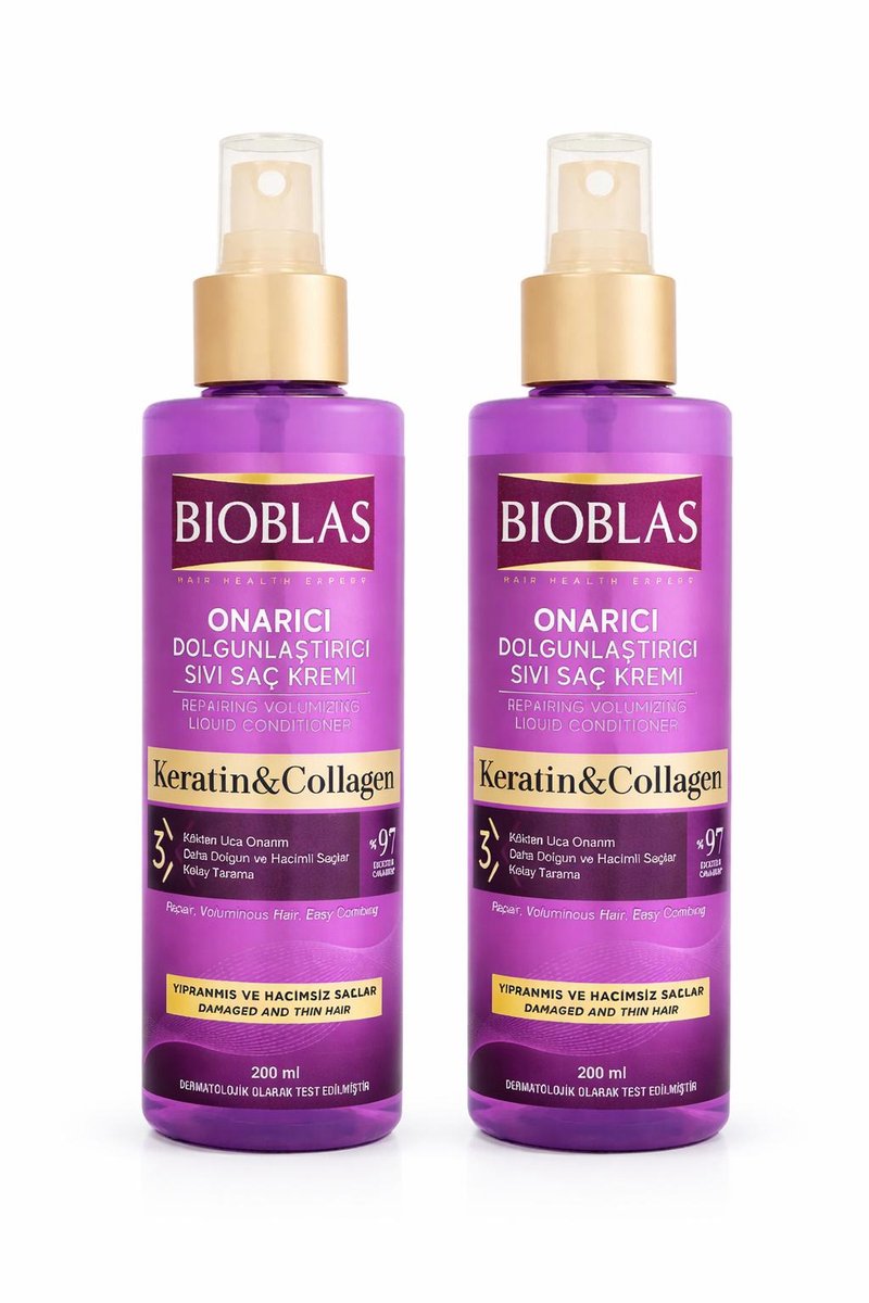 Bioblas Keratin & Collagen – Vloeibare Conditioner – Herstellend & Volume – 2 x 200 ml