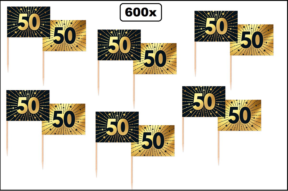 600x Cocktailprikkers 50 jaar goud/zwart - Vlag prikker Jubileum verjaardag thema feest koperen bruiloft cocktail prikker