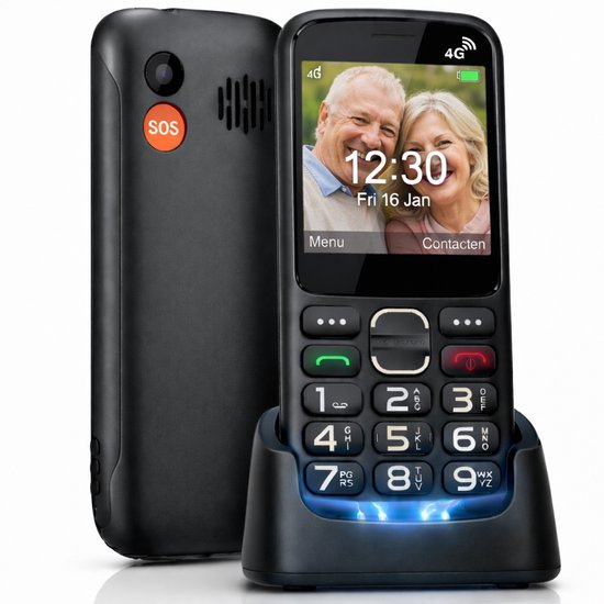 Zwarte senioren telefoon met SOS-knop, groot display met 4G-icoon en een oplaadstation. De telefoon toont een koppel, de tijd 12:30 en datum.
