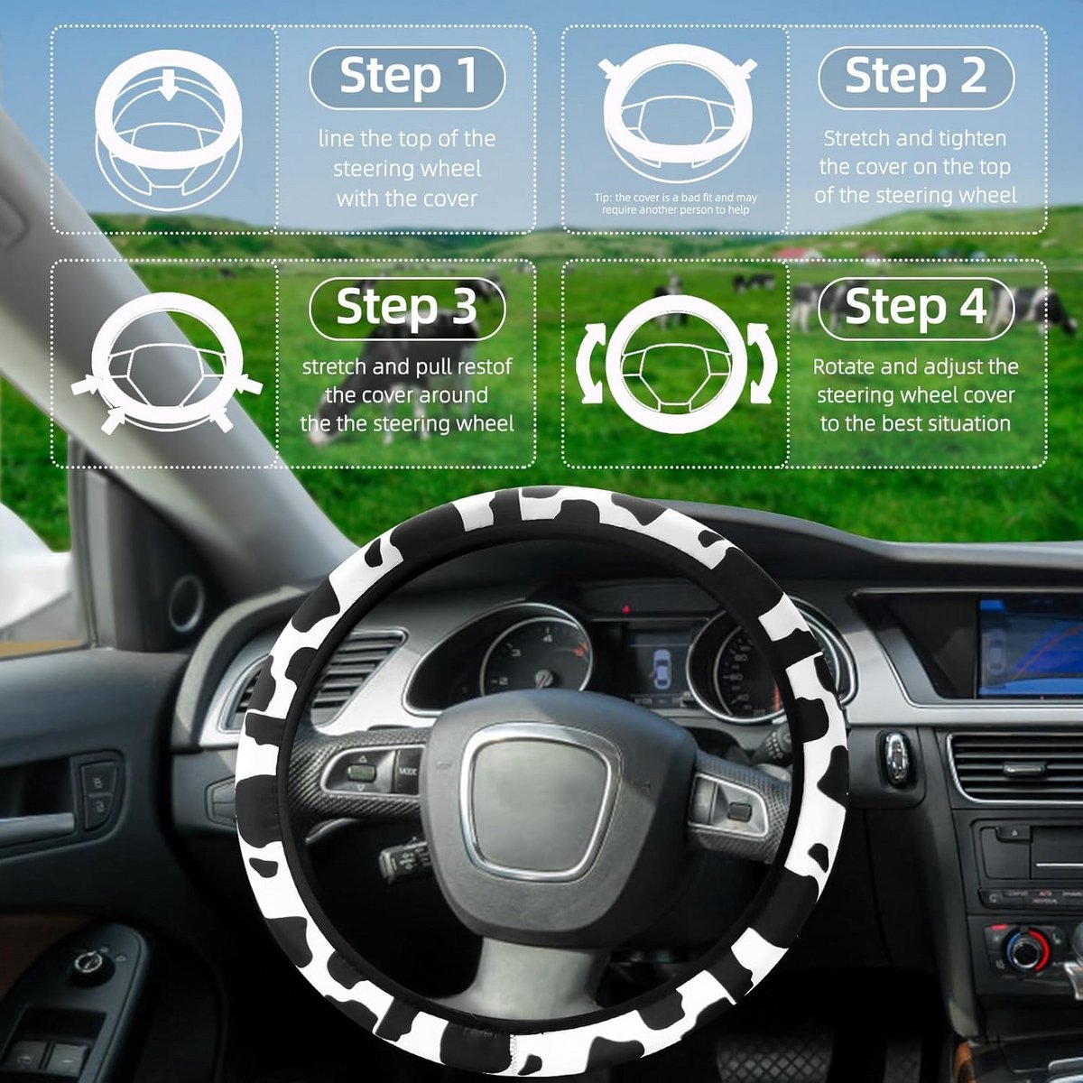 3-delige Stuurhoes Set met Koeienprint - Antislip & Universeel voor Auto Interieur – foto 6