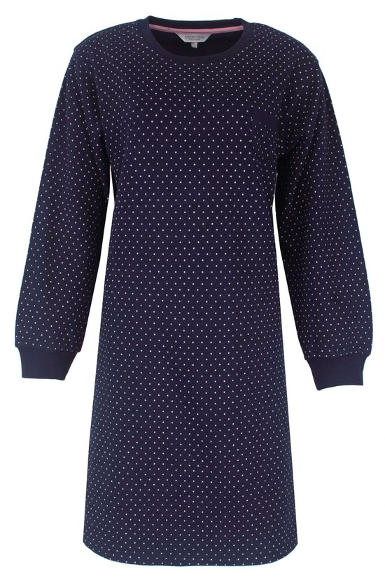 Donkerblauw nachthemd met lange mouwen en witte stippen.