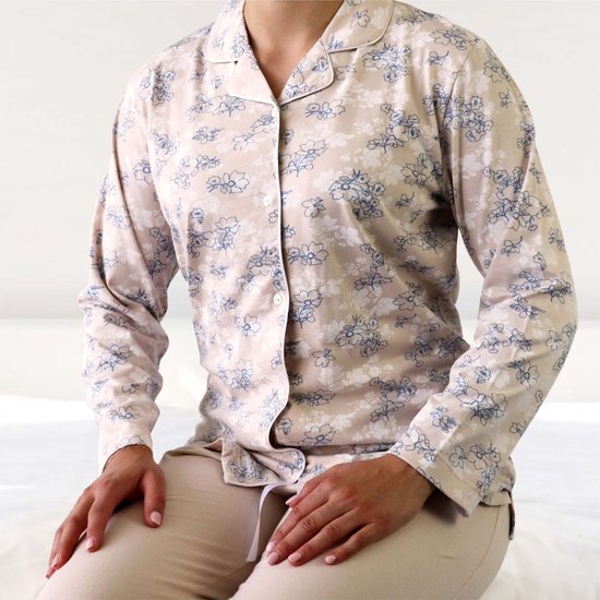Tenderness Dames Pyjama - Lange Mouwen - Katoen - Doorknoop - Beige - Maat XXL