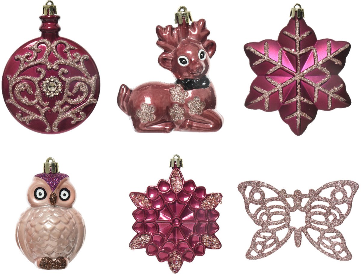 KAEMING B.V. - 20 roze kersthangers met glitter en vlinders 7 cm