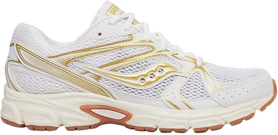Witte Saucony sneaker met gouden accenten en een crèmekleurige zool met bronzen loopvlak.