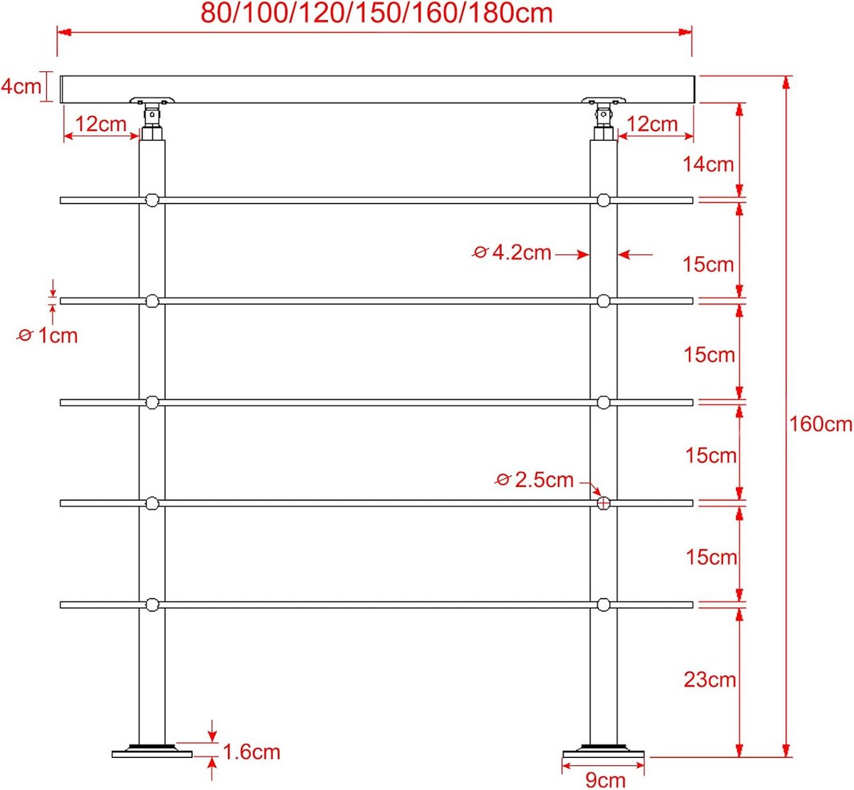 RVS Trapleuning 80 cm met 5 Dwarsbalken voor Binnen en Buiten