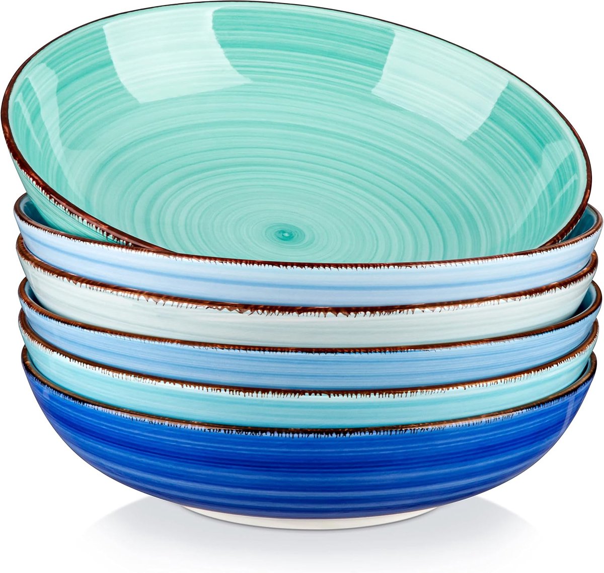 Set van 6 pastakommen, 1140 ml, handbeschilderd, blauwe stijl, keramische borden, 21,6 cm, set van eetkommen voor soepen, salades, vaatwassers en magnetron
