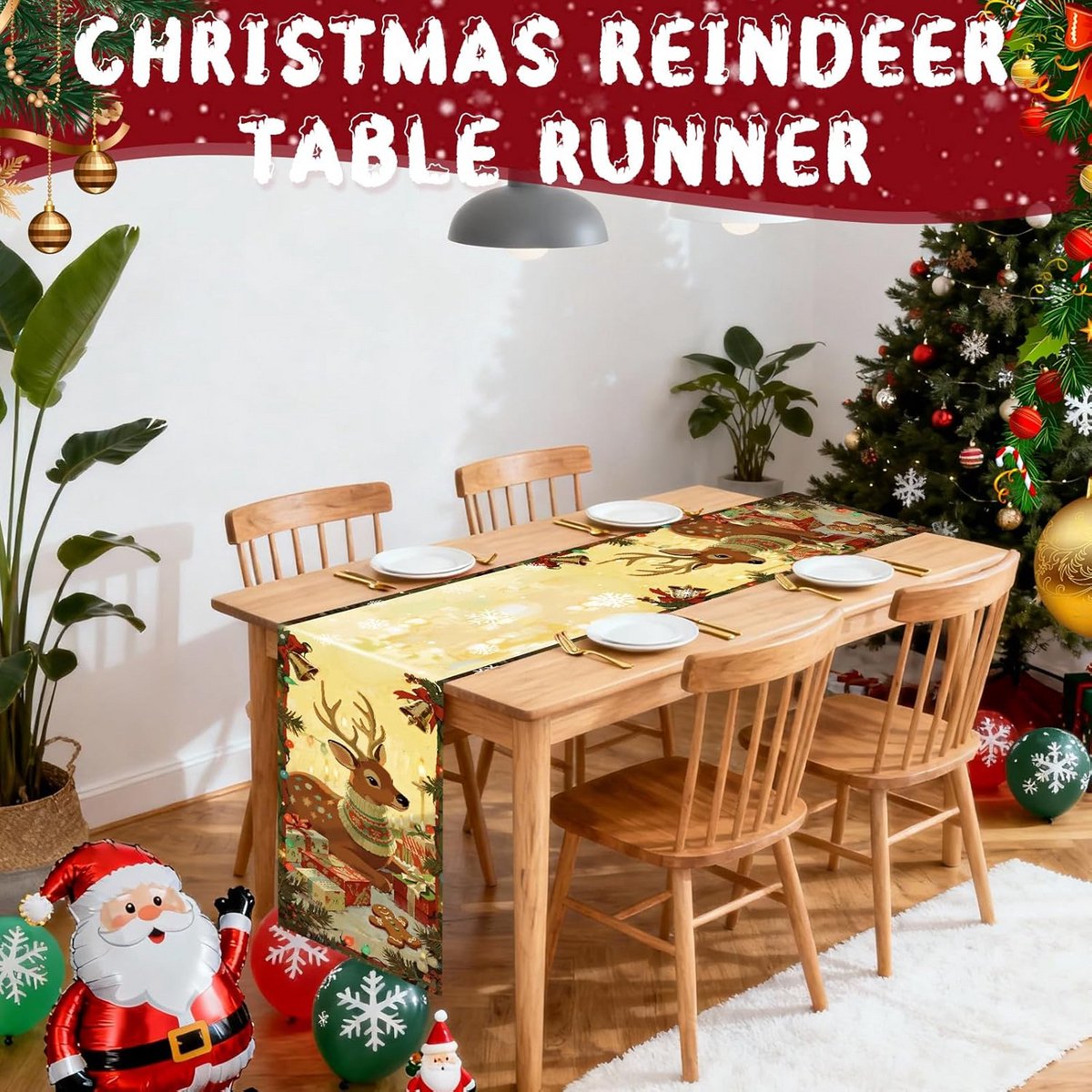 Feestelijke Kerst Tafelloper met Elanden in Rood en Wit - 35x180 CM