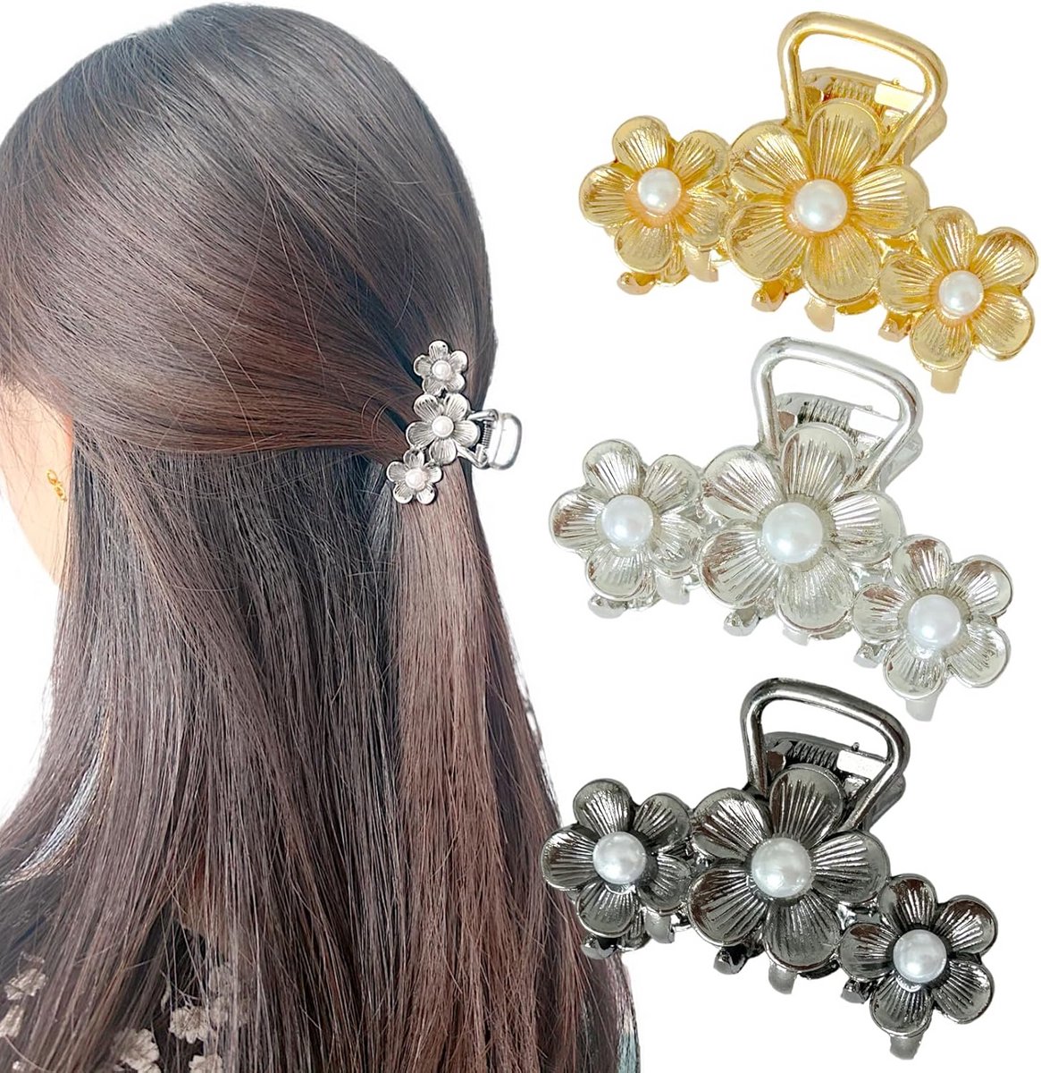 Set van 3 bloemen haarklemmen met parels voor dames