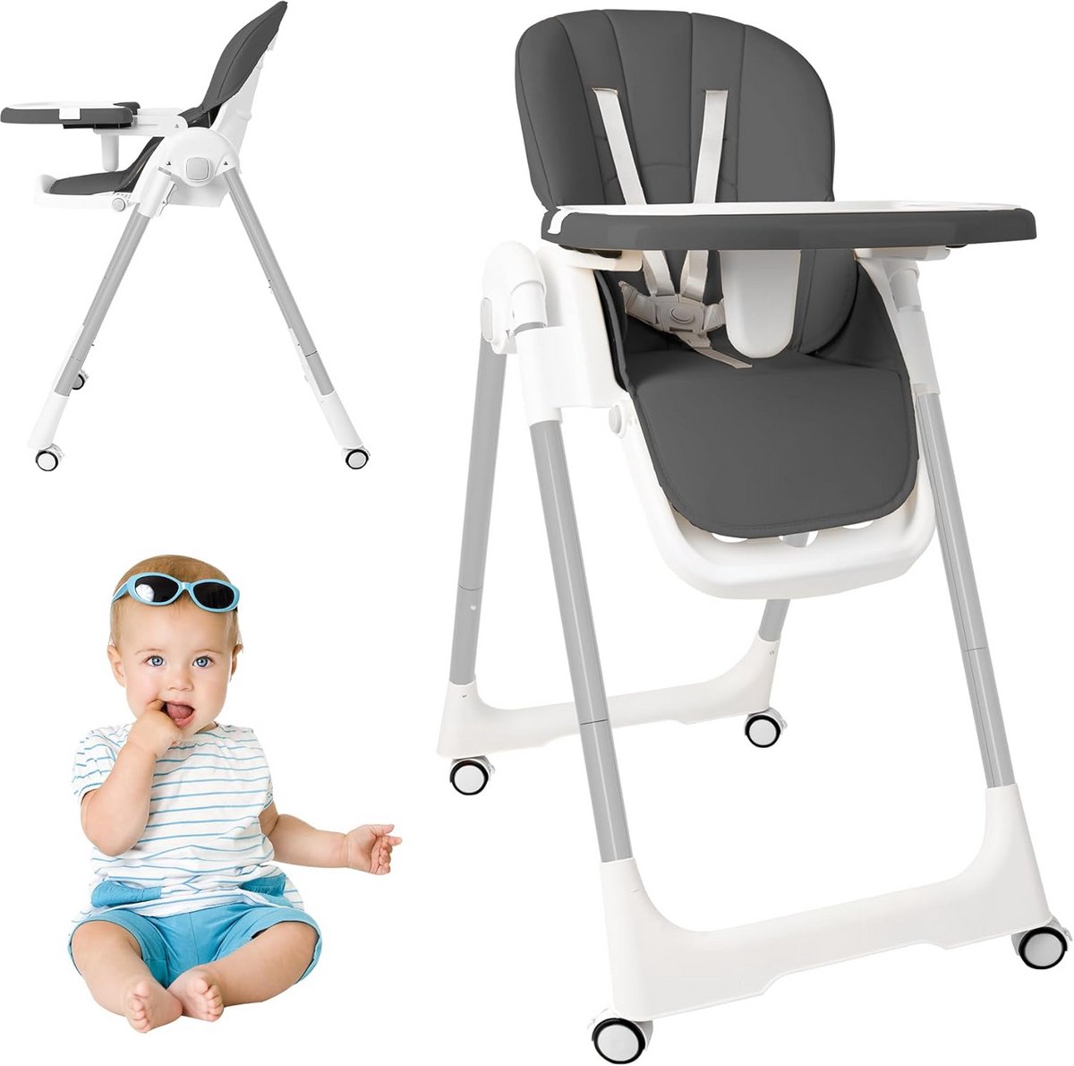 In hoogte verstelbare kinderstoel grijs met dubbel dienblad en ligfunctie - Opvouwbare eetstoel voor baby en peuter