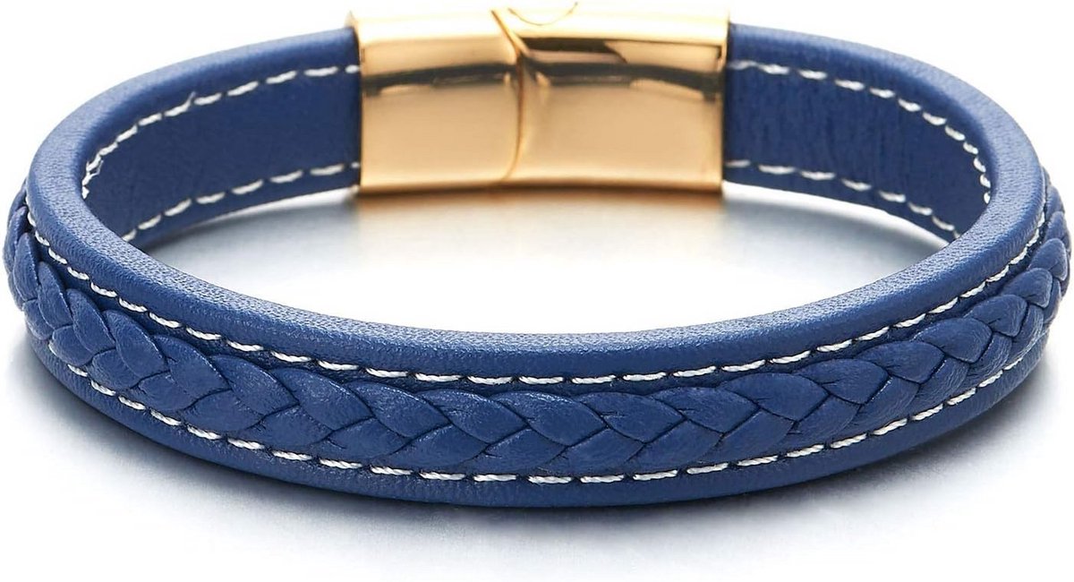 Blauwe Gevlochten Leren Armband met Gouden Sluiting voor Dames en Heren