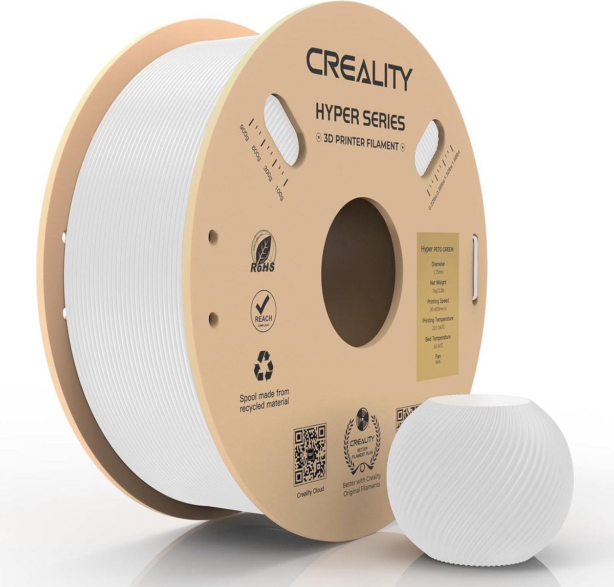 Hoogwaardig PETG Filament 1.75mm voor 3D Printers, 1kg Wit, Nauwkeurigheid +/- 0.02mm