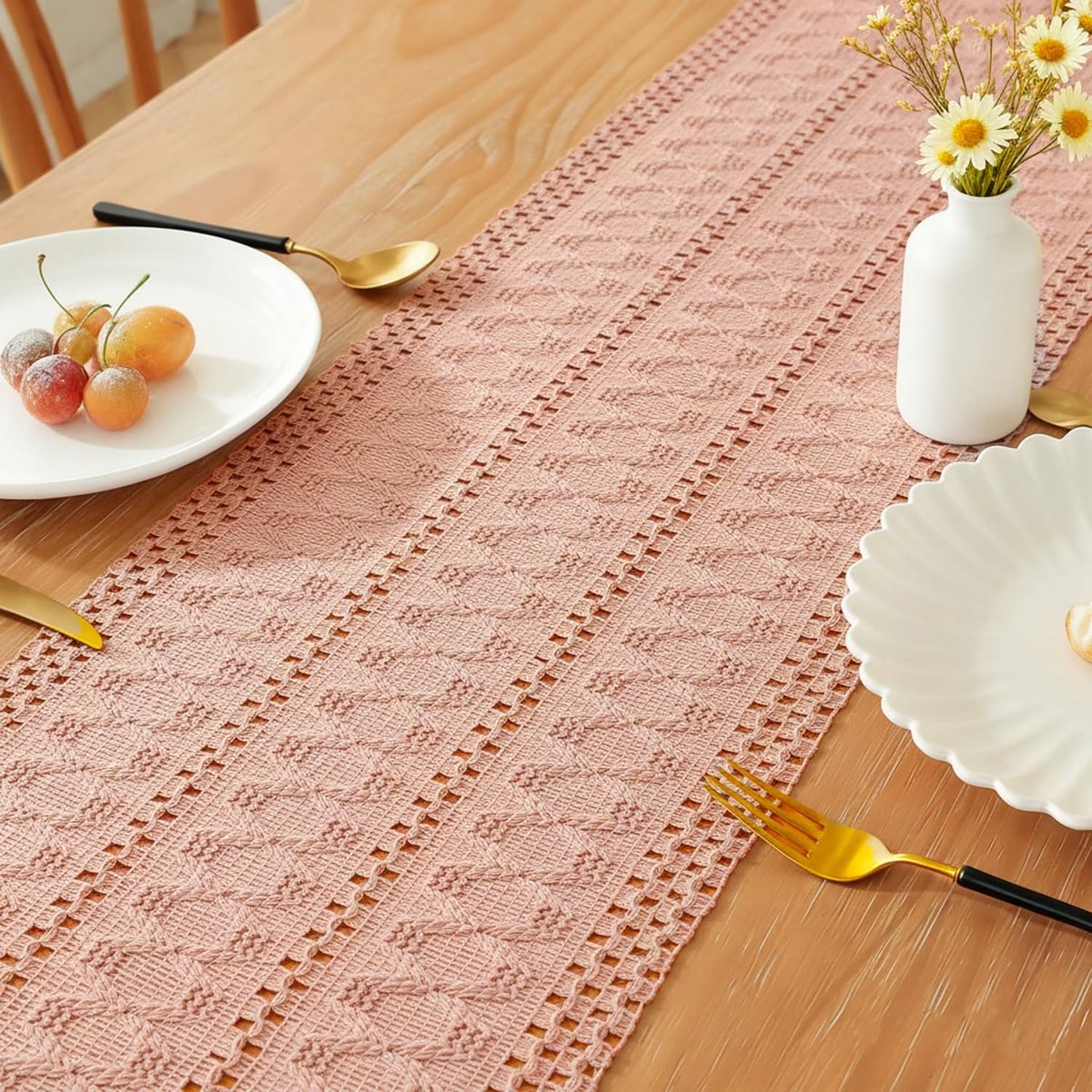 Boho Macramé Tafelloper in Oudroze - Linnenlook Decoratieve Runner voor Eettafel