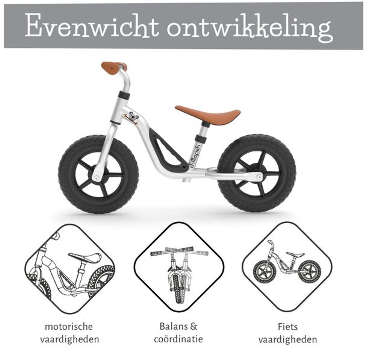 Chillafish Loopfiets 2 jaar - Lichtgewicht met verstelbaar zadel en stuur - Zilver- Loopfiets voor jongens en meisjes tot 4 jaar met handvat om te dragen en anti lek banden - Model Charlie — afbeelding 9