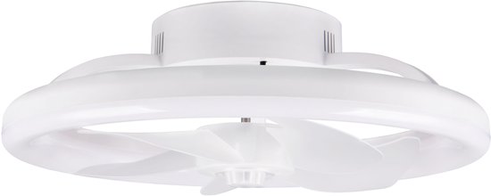 Moderne witte plafondventilator met ringvormig ledlicht.