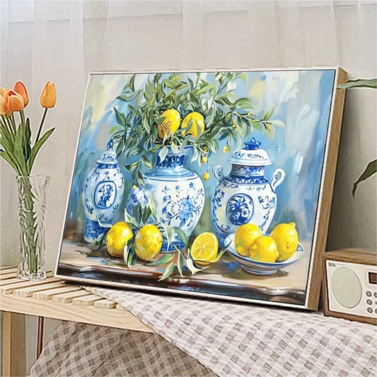 Nalovi - Schilderen op nummer - Sierlijke potten met citroenen - Op doek - Schilderpakket - Voor Volwassenen - Inclusies verf en penselen - Blauw & Geel - Hobby voor thuis - Rustgevend