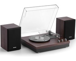 Platenspeler, draaitafel met 3 snelheden en twee externe luidsprekers van 15 W, Bluetooth-ingang, AUX-ingang, USB-weergave en LP-MP3-opname, vintage vinylspeler, donkerbruin hout