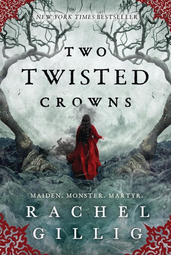 Boekomslag van 'Two Twisted Crowns' met een figuur in een rode jurk, omringd door kale bomen.