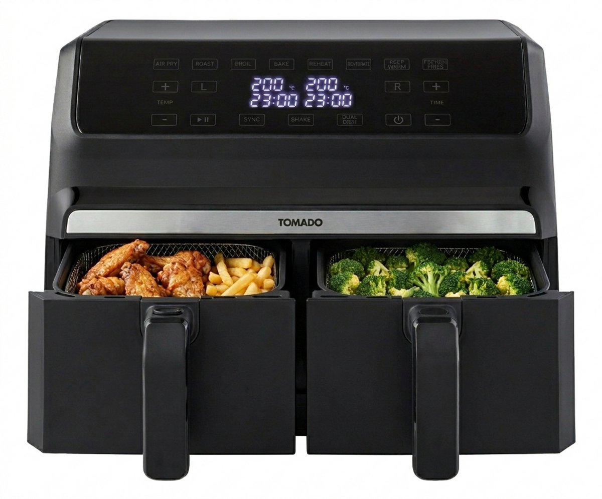 Bol.com Tomado TAF8001B - Dubbele airfryer - 2 x 4 liter inhoud - XXL - 1700 watt - Tiptoetsbediening - 8 automatische programma... aanbieding