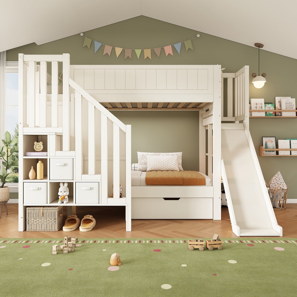 Sweiko Stapelbed - 90×200 cm - Met glijbaan - Lades - Opbergplank - Kinderbed - Wit