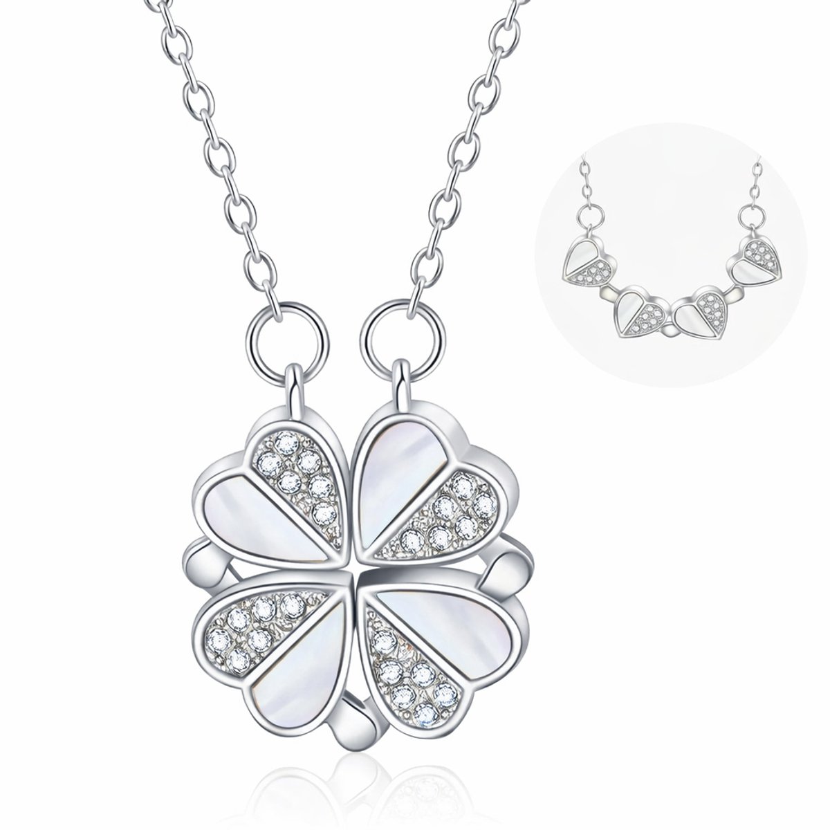 Klavertje Vier Ketting Dames Zilver – Hartjes Hanger – Cadeau voor Haar