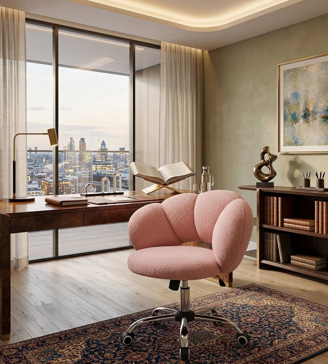 CloudLuxe Bouclé Bureaustoel Roze in Wolkvorm met Wielen en Gasveer – In Hoogte Verstelbaar 45,5-56 cm – Zachte Draaistoel voor Kaptafel, Bureau en Thuiswerk | Casa Serena – 56 cm – Casa Dorada