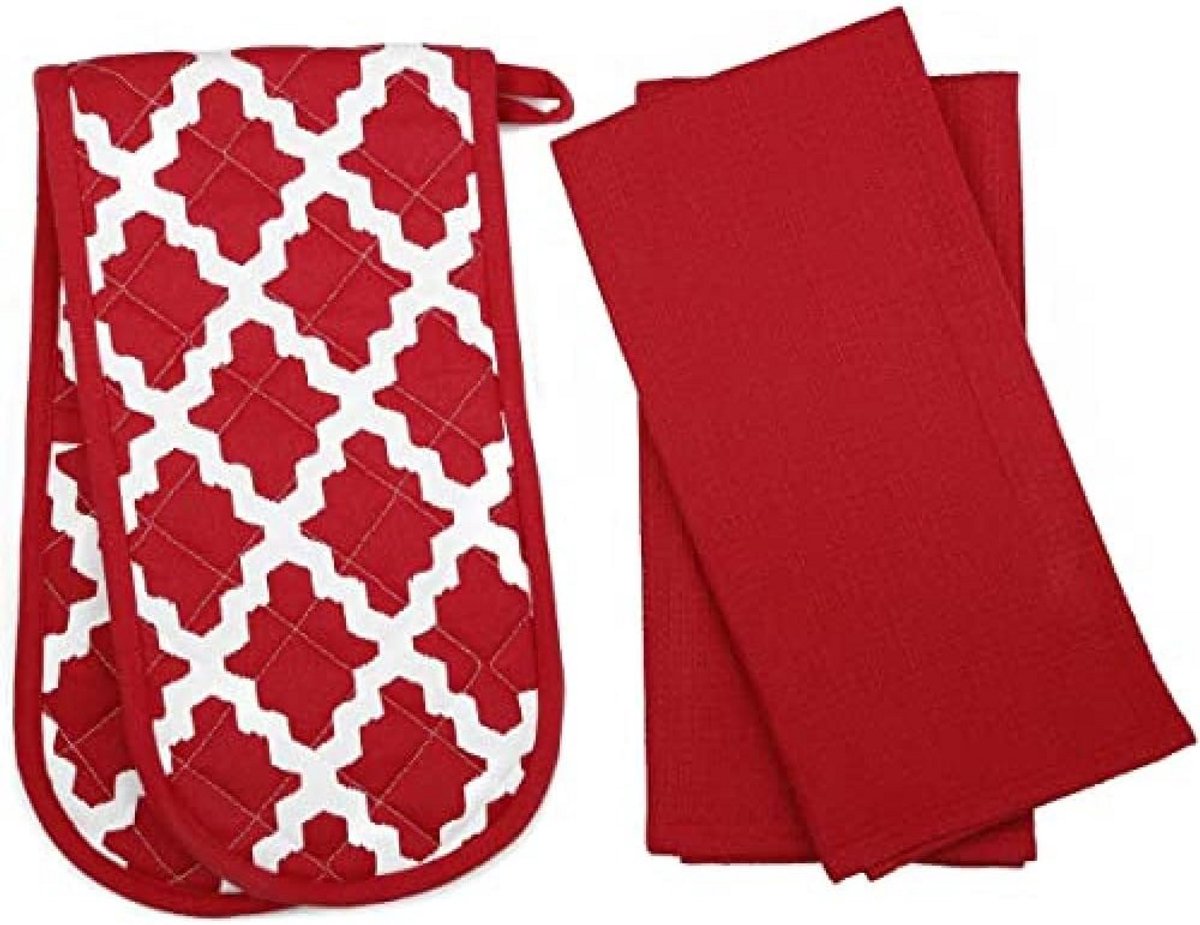 Ovenschothandvat en Theedoek Set - 3 Delig Katoen, Diamant Rood