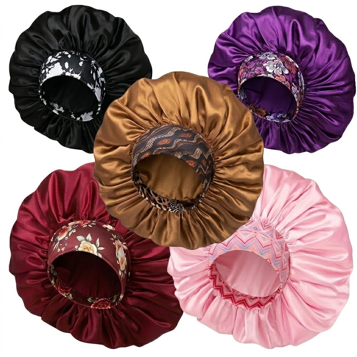 Zwart goud paars rood roze satijn haar bonnet – slaapmuts – geschikt voor dames – brede elastische band met patroon – set van 5 stuks