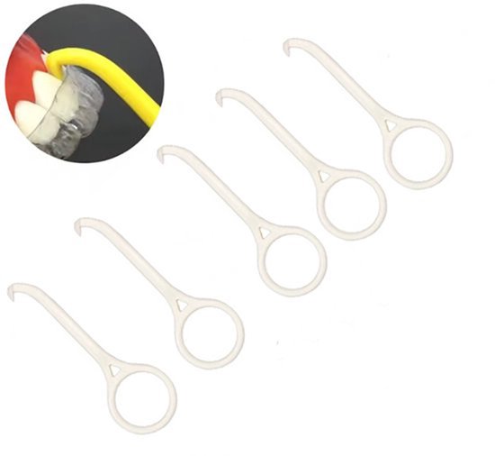 Vijf witte plastic aligner removers met een haakje en een rond handvat.