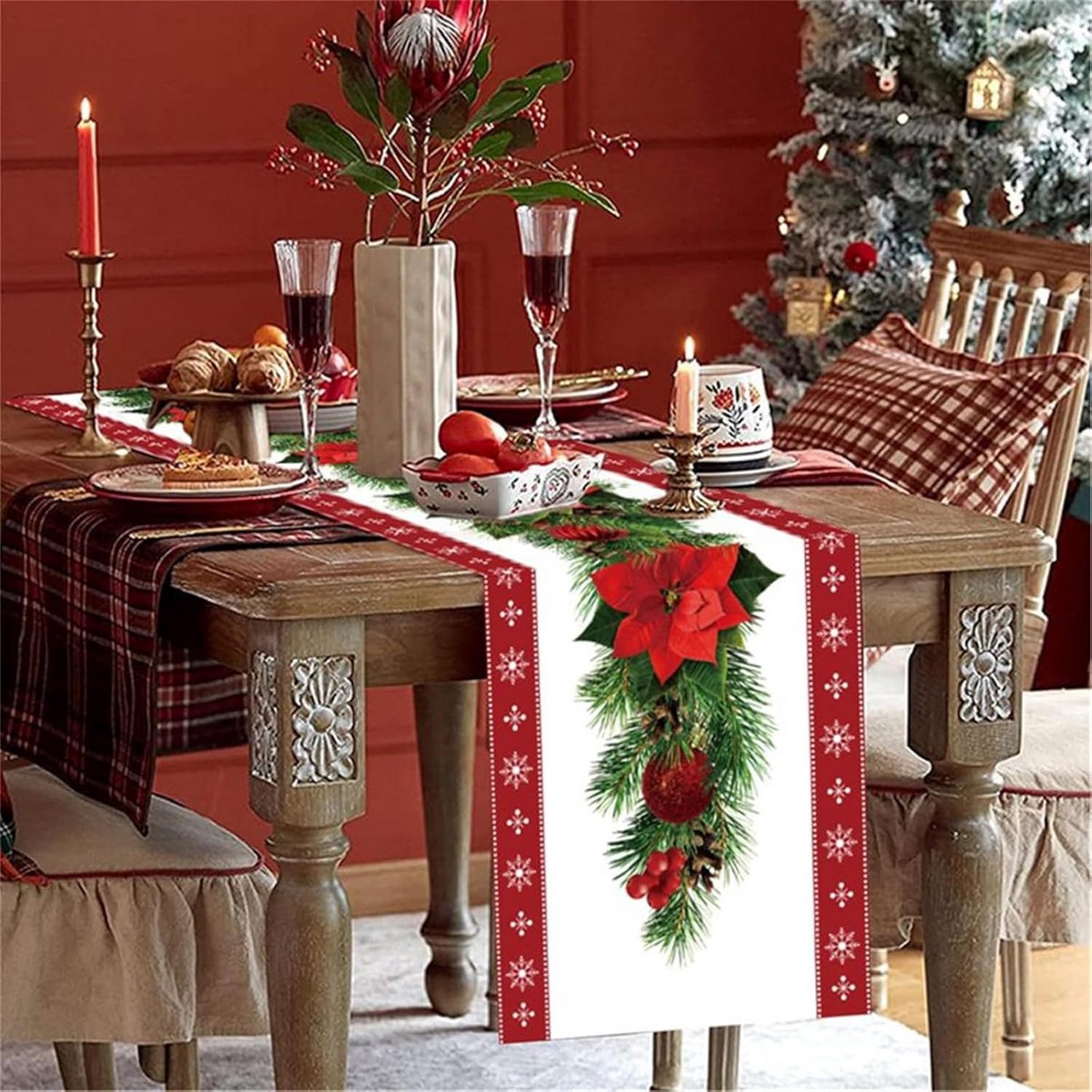 Tafel Loper met Waterverf Hulst en Kerststerren Winters Thema Decoratie 33 x 233 cm