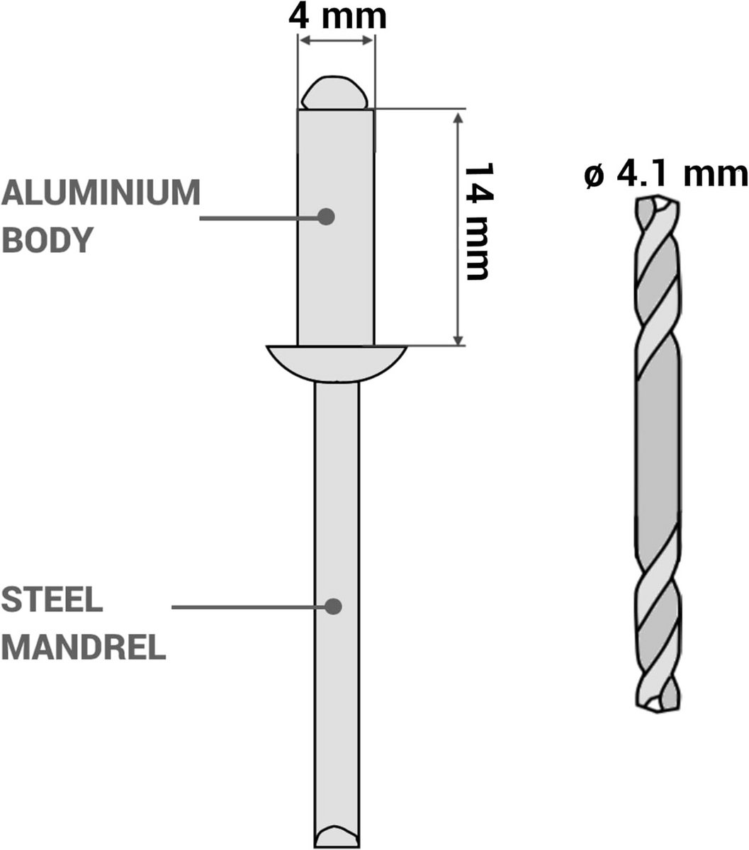 100 stuks Blindklinknagels 4,0 x 14 mm Aluminium Popklinknagels Koepelkop RAL 7016 Grijs