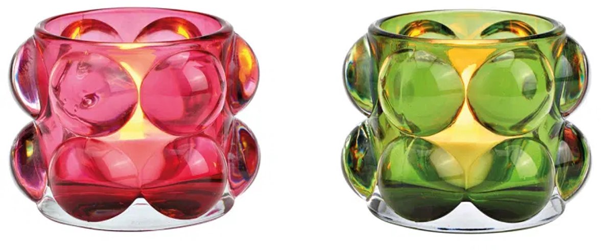 2 glazen waxinelichtjes bubble groen, roze 2-voudig, (B/H/D) 8x6x8cm