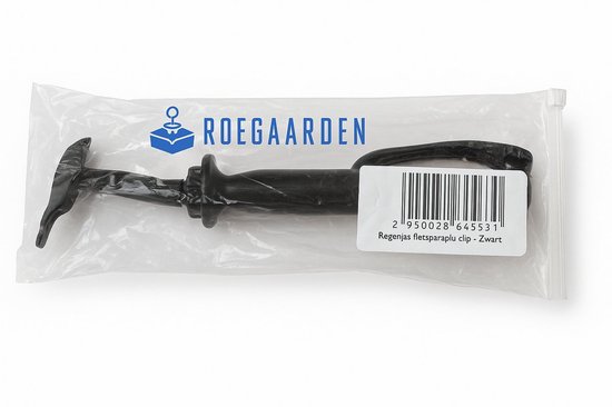Zwarte Roegaarden regenjas fietsparaplu clip in plastic verpakking.