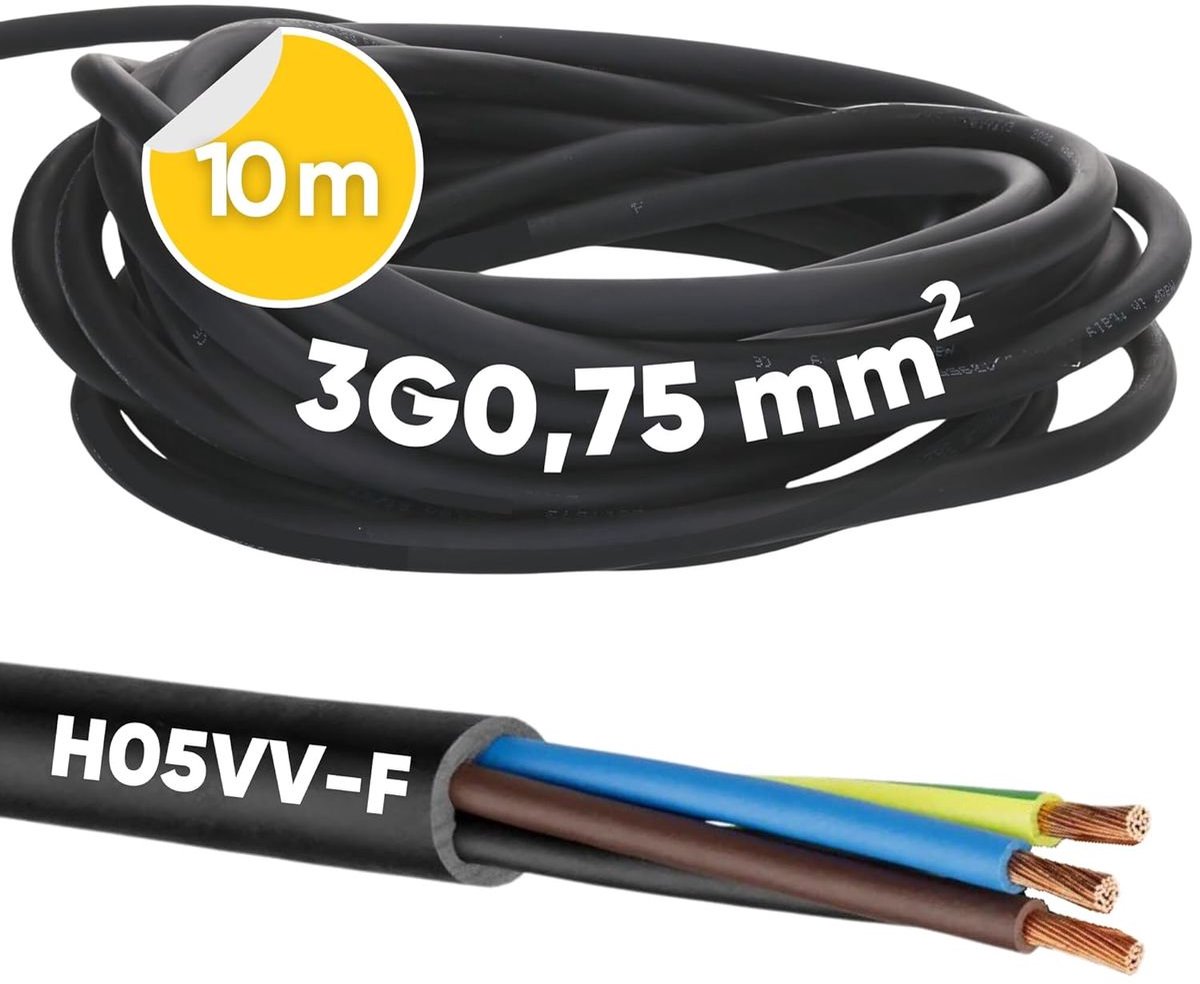 10 meter Kalitec H05VV-F flexibele kabel 3x0,75 mm² | 3G0,75 mm² stroomkabel met beschermingsgeleider | PVC-kabel voor binnengebruik | zwarte elektrische kabel | flexibele lampkabel | 3-aderige apparaatkabel