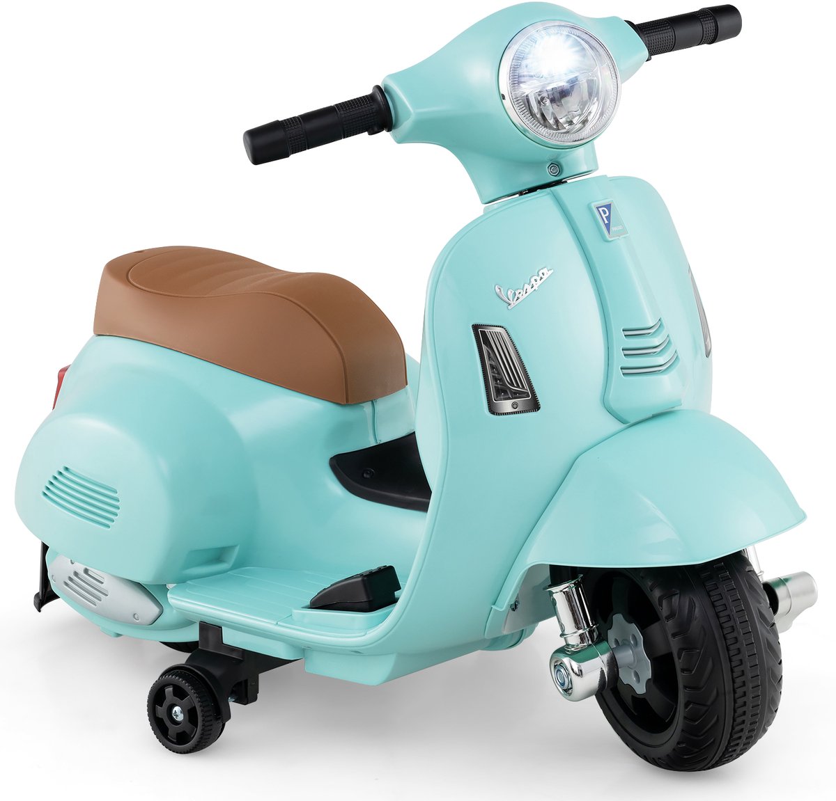 COSTWAY Vespa Elektrische kindermotorfiets, 6 V, met led-koplamp en claxon, 2-2,5 km/u, elektrische kindermotorfiets met steunwielen, voor jongens en meisjes van 18 - 36 maanden, groen
