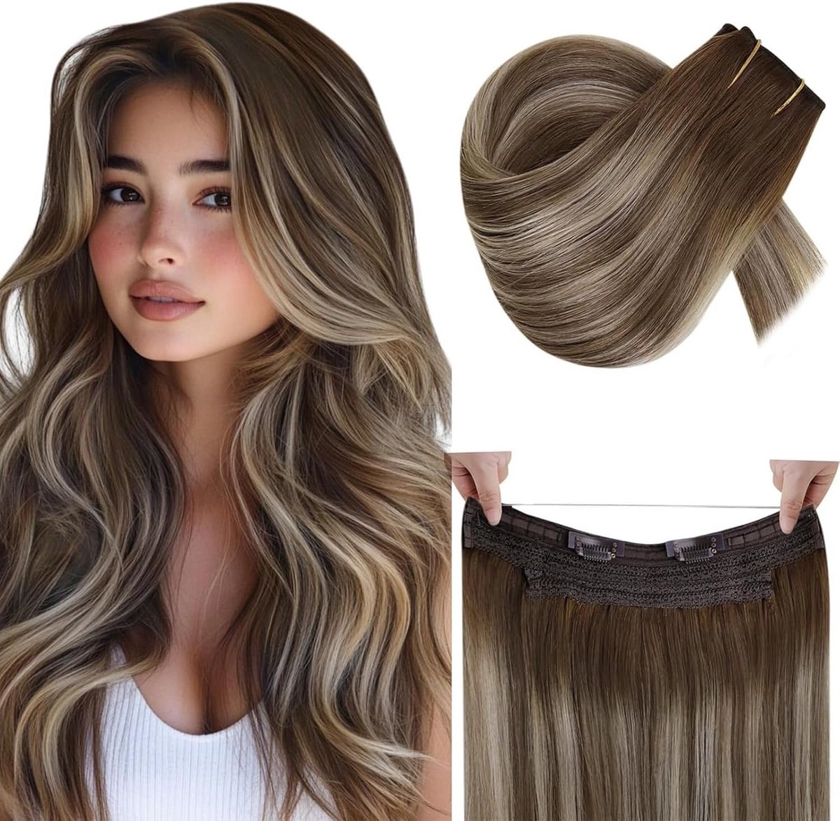 Onzichtbare Draad Haarverlenging 14 Inch Balayage Bruin naar Blond Menselijk Haar