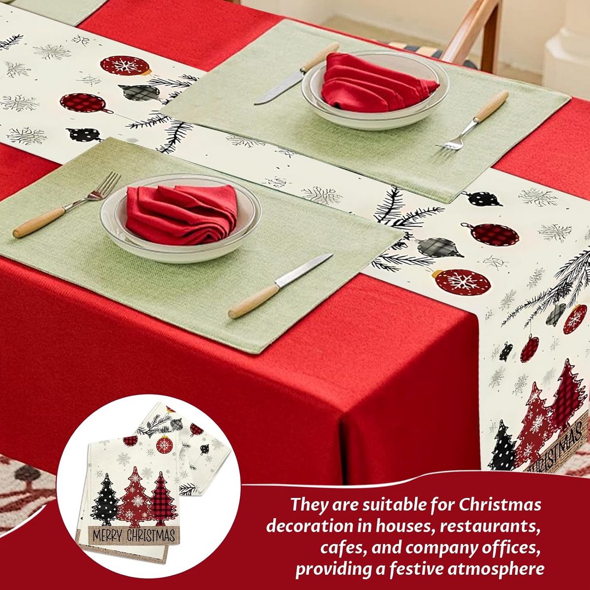 Decoratieve Tafelloper 33 x 180 cm voor Kerst en Winterfeest - Wasbaar Linnenlook