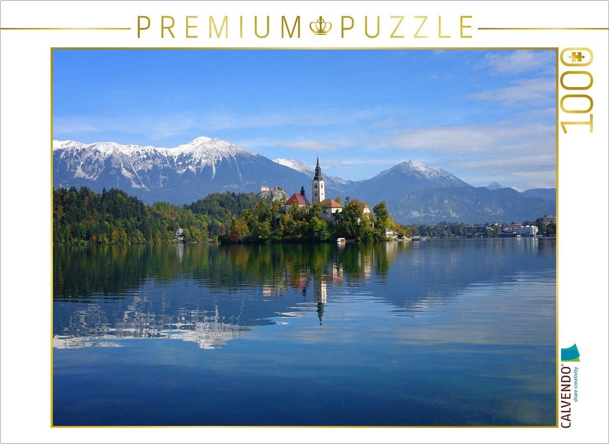 Puzzel 1000 Stukken Meer van Bled Kerk en Bergen Reflectie 64x48 cm