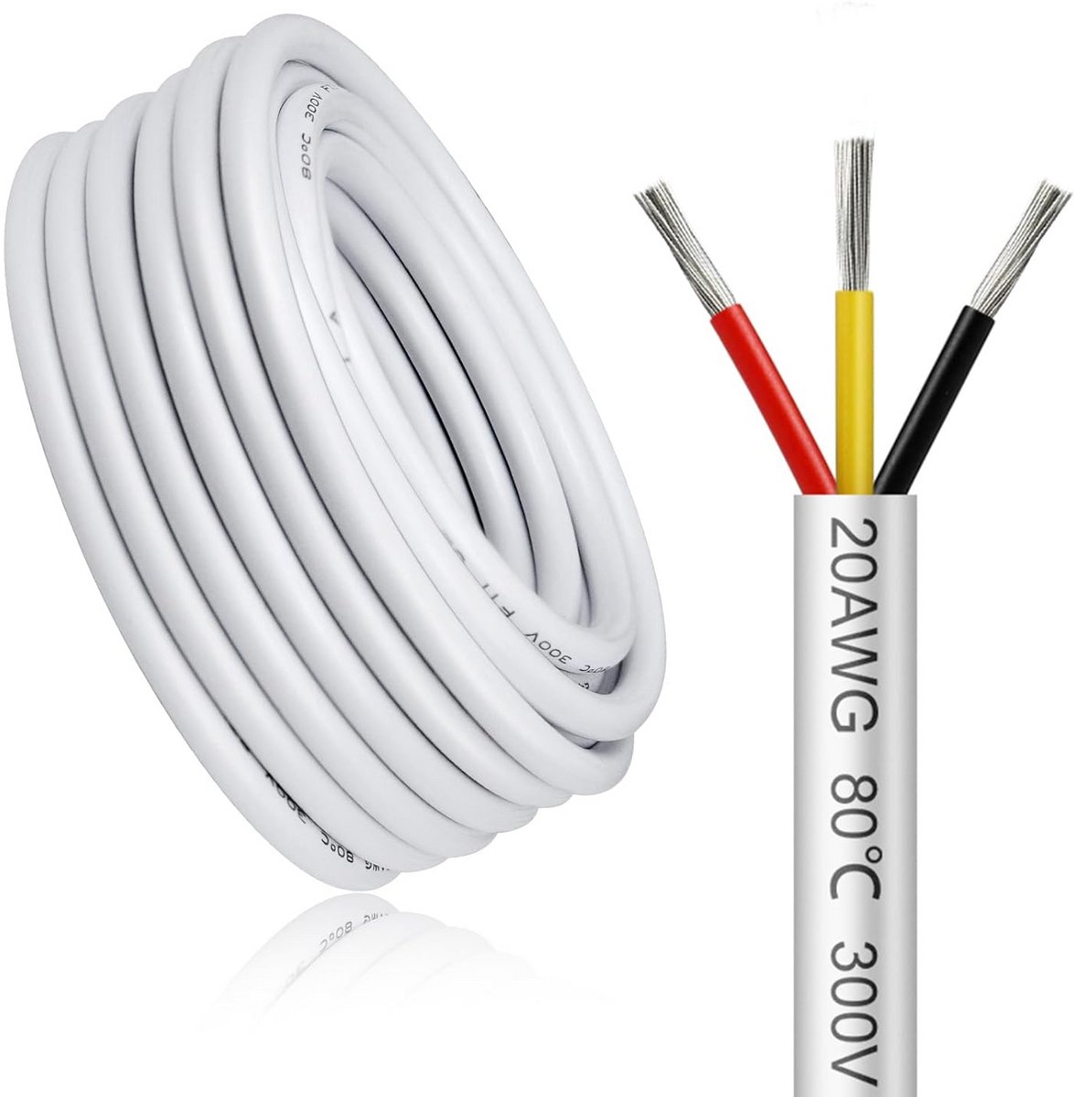 Flexibele 5 meter 3-aderige elektrische kabel 20 AWG 0.5 mm snoer voor 5V tot 300V wit vertind koper