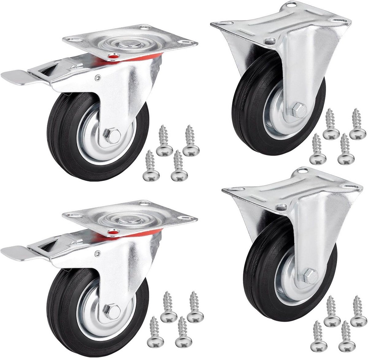 Set van 4 Stevige Meubelwielen Ø 125 mm - Zwenkwielen en Zwenkwielen met Rem