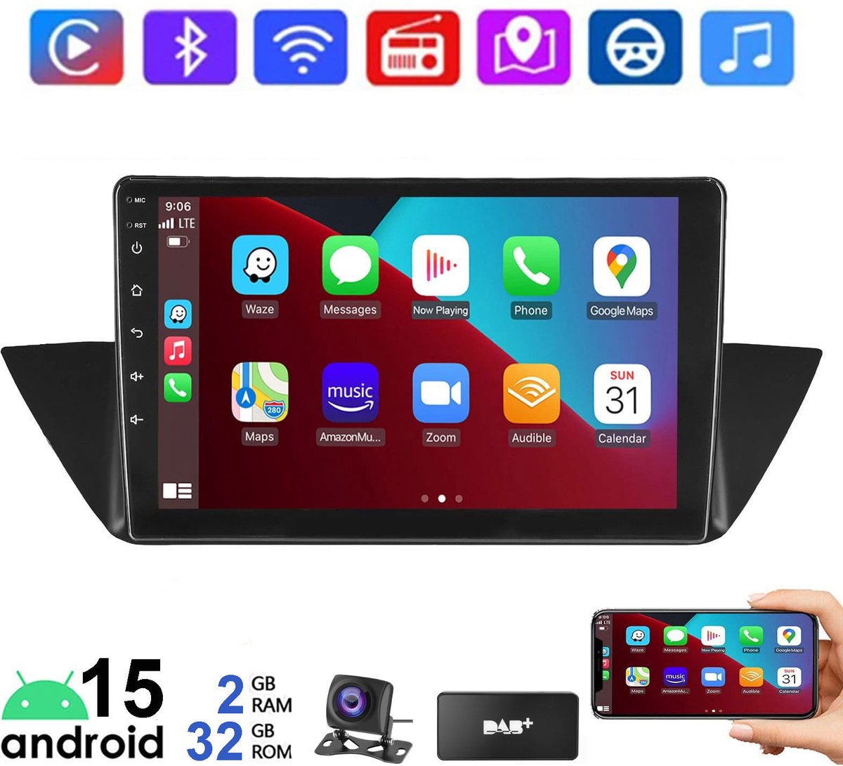ESSGOO 10 inch CarPlay autoradio geschikt voor BMW X1 E84 2010-2015 - Draadloos Apple CarPlay & Android Auto - 2GB + 32GB - Android 15 - Bluetooth WIFI RDS FM - Achteruitrijcamera - DAB+