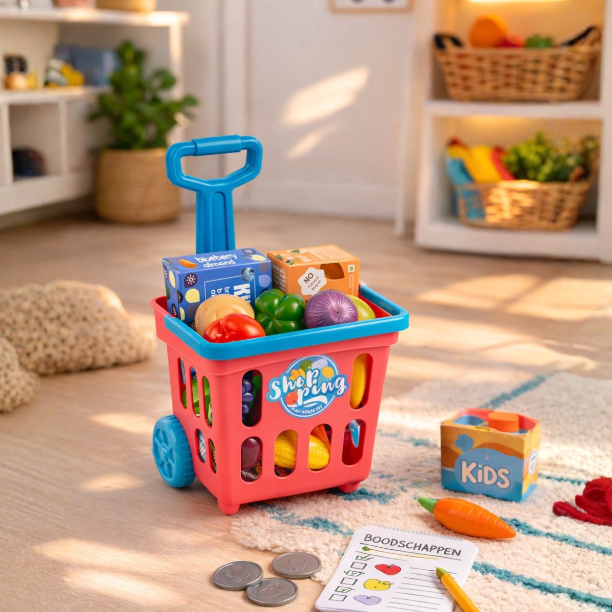 Eddy Toys Winkelwagentje met Speelgoedeten, Boodschappen en Accessoires voor Kinderen - Speelgoed 4 Jaar - Kinderwinkelwagen - Afmeting 45x20x24,5 cm - Meerkleurig